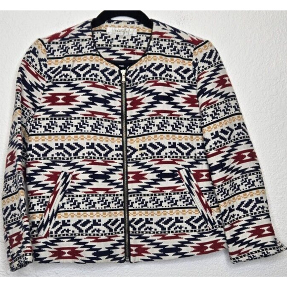 Zara Trafaluc Womens Jacket Small White Blue Full Zip Outdoor Aztec Boho Western - Picture 1 of 12